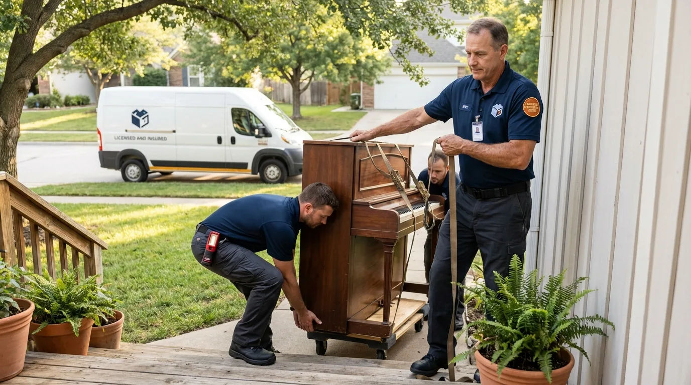 Licensed piano movers securing grand piano in East Saint Louis, IL