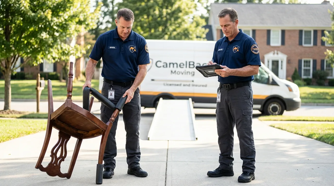 Movers inspecting furniture for damage prevention before loading in East Saint Louis, IL