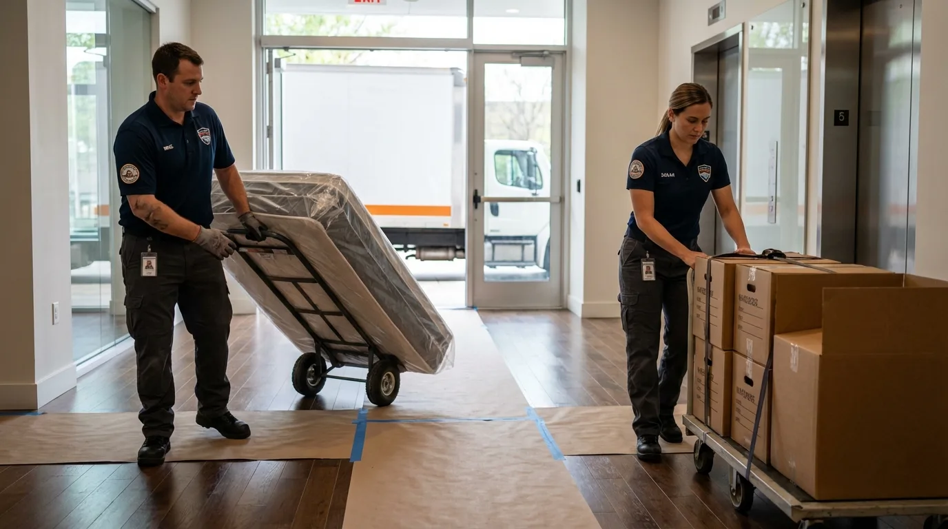 Professional apartment movers loading elevator in East Saint Louis, IL