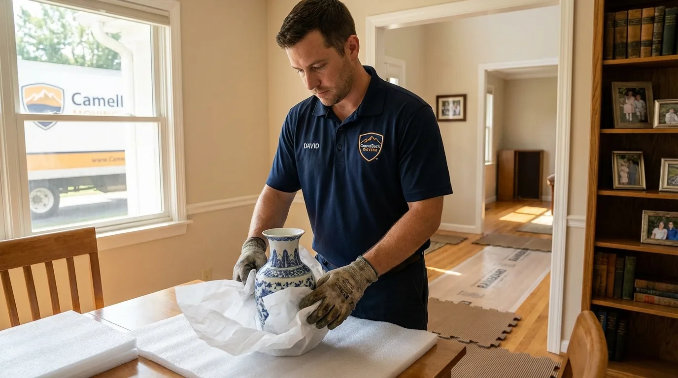 Professional crew carefully wrapping antique vase for senior downsizing move in East Saint Louis, IL